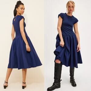 NEW Free People Afternoon Elegance Midi Dress Indigo Blue Large Fairy Dainty